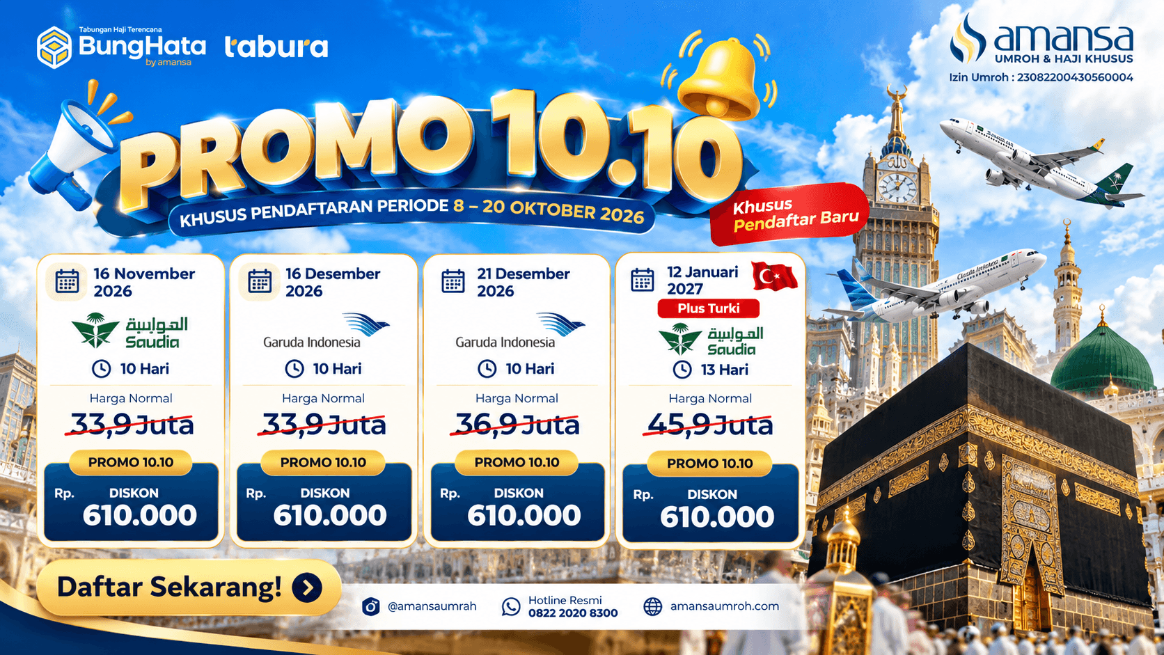 Promo Umrah 10.10 Amansa: Umrah Mulai Rp33,9 Juta, Diskon Rp610 Ribu!